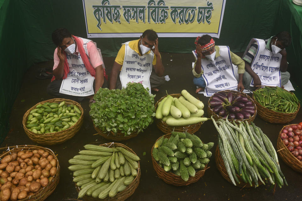 Members of the All India Kishan Khetmazoor Trinamool Congress Committee, the farmers' wing of Trinamool Congress, protestesting against farm bills in front of Gandhi Statue at Mayo Road, on September 25, 2020 in Kolkata, India. The two bills - the Farmers (Empowerment and Protection) Agreement on Price Assurance and Farm Services Bill, 2020 and the Farming Produce Trade and Commerce (Promotion and Facilitation) Bill, 2020 - were passed by the Rajya Sabha despite uproar and strong protest by the Opposition parties in the house. (Photo by Samir Jana/Hindustan Times via Getty Images)