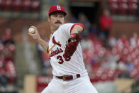 St. Louis Cardinals starting pitcher Miles Mikolas throws during the first inning of a baseball game against the New York Mets Monday, April 25, 2022, in St. Louis. (AP Photo/Jeff Roberson)