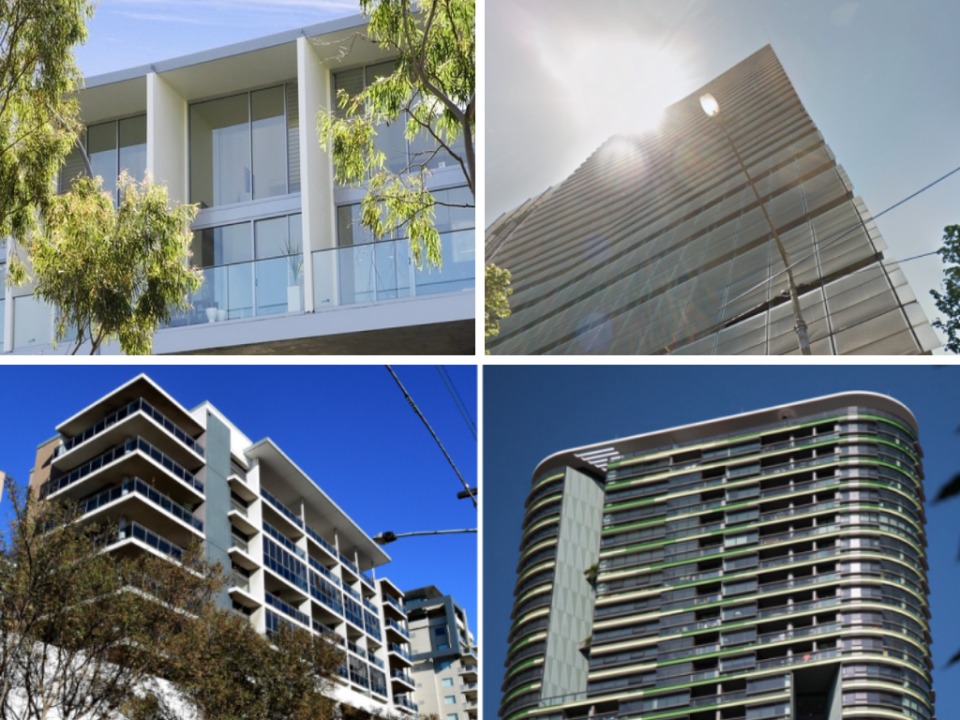 The high-rise apartment market has been crumbling. Clockwise: Garland Lofts, Zetland; Liberty Tower, Melbourne; Opal Tower, Sydney; and Mascot Tower, Sydney. (Source: Village Property; Google Maps; AAP)