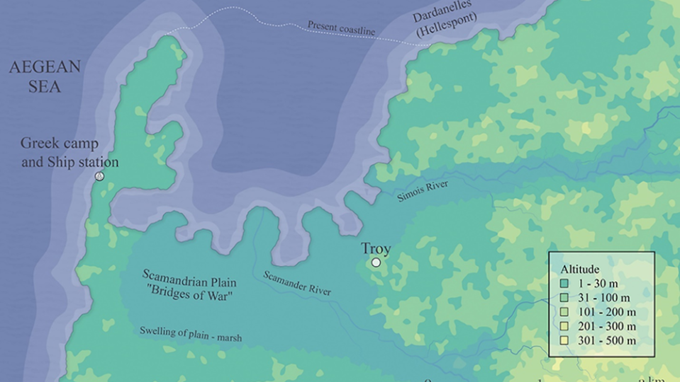 A map of Troy next to the Aegean Sea.