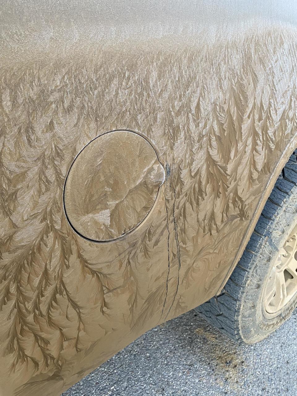 frozen mud on the side of a truck with sharp points making a pattern looking like trees in a forest