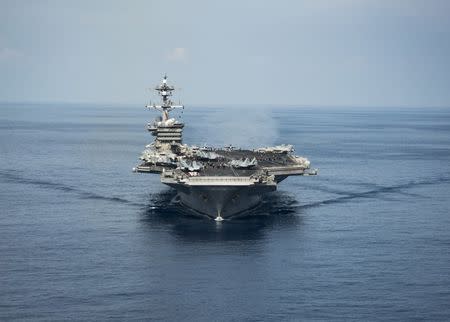 The aircraft carrier USS Carl Vinson transits the South China Sea while conducting flight operations on April 9, 2017. Z.A. Landers/Courtesy U.S. Navy/Handout via REUTERS