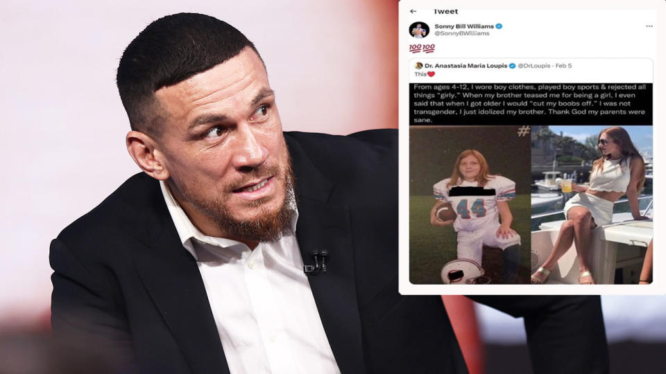 Pictured left is Sonny Bill Williams and the anti-trans tweet that he responded to on the right.
