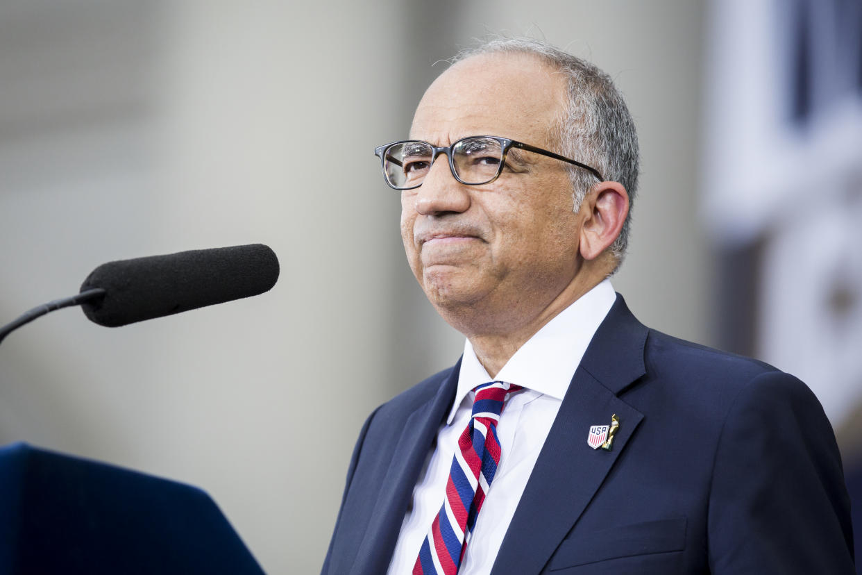 MANHATTAN, NY - JULY 10: Carlos Cordeiro, United States Soccer Federation President gives a speech on the steps of City Hall after the ticker tape parade down Broadway and through the through the Canyon of Heroes trying to address the   This celebration was put on by the City of Manhattan to honor the team winning the 2019 FIFA World Cup Championship title, their fourth, played in France against Netherlands, at the City Hall Ceremony in the Manhattan borough of New York on July 10, 2019, USA.  (Photo by Ira L. Black/Corbis via Getty Images)