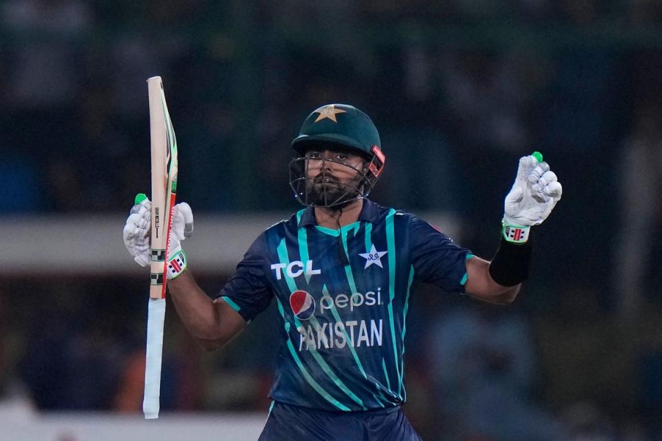 Pakistan captain Babar Azam celebrates scoring a century (Anjum Naveed/AP) (AP)