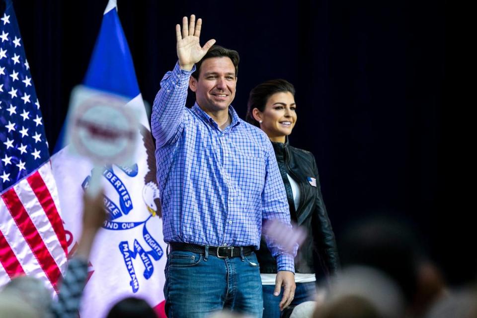 Republican presidential candidate Florida Gov. Ron DeSantis and his wife, Casey DeSantis, are introduced during the annual Roast and Ride fundraiser for U.S. Sen. Joni Ernst, Saturday, June 3, 2023, at the Iowa State Fairgrounds in Des Moines, Iowa.