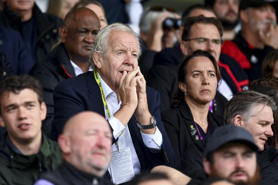 World Rugby Chairman Bill Beaumont and Dr Farah Palmer watch the women's rugby World Cup quarterfinal between Australia and England at Waitakere Stadium in Auckland, New Zealand, Sunday Oct. 30 2022. (Andrew Cornaga/Photosport via AP)