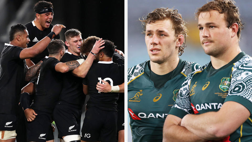 A 50-50 split image shows the All-Blacks celebrating on the left, and Wallabies players looking dejected on the right.