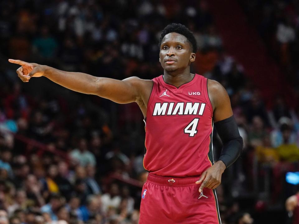 Victor Oladipo points during a game.