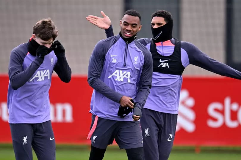 Liverpool midfielder Ryan Gravenberch during a training session in Kirkby earlier this week.