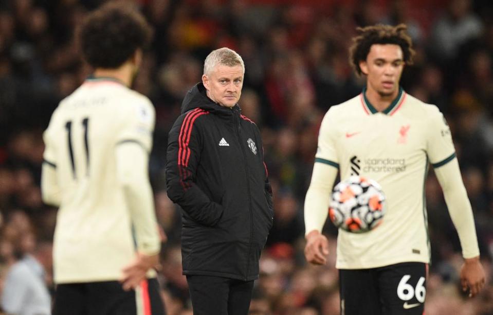 Manchester United’s manager Ole Gunnar Solskjaer has understandably got a right face on as he looks on during their 5-0 home defeat to Liverpool in October 2021.