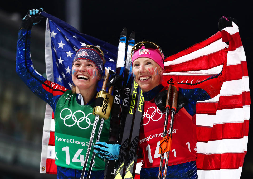 <p>Jessica Diggins of the United States (L) and Kikkan Randall of the United States celebrate as they win gold during the Cross Country Ladies’ Team Sprint Free Final at the PyeongChang 2018 Winter Olympic Games on February 21, 2018.<br> (Photo by Lars Baron/Getty Images) </p>