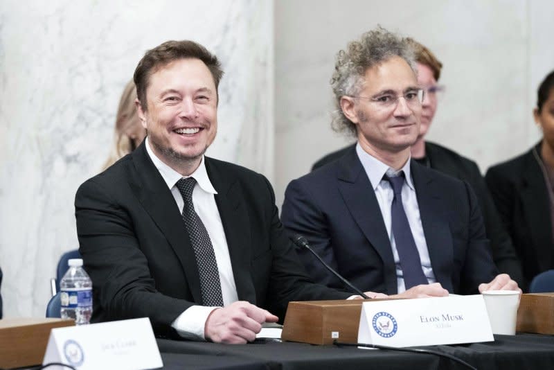 Owner of X and Tesla CEO Elon Musk and Palatir CEO Alex Carp look on ahead of Wednesday's Senate Artificial Intelligence Intelligence Insight Forum at the U.S. Capitol in Washington, D.C. Photo by Bonnie Cash/UPI