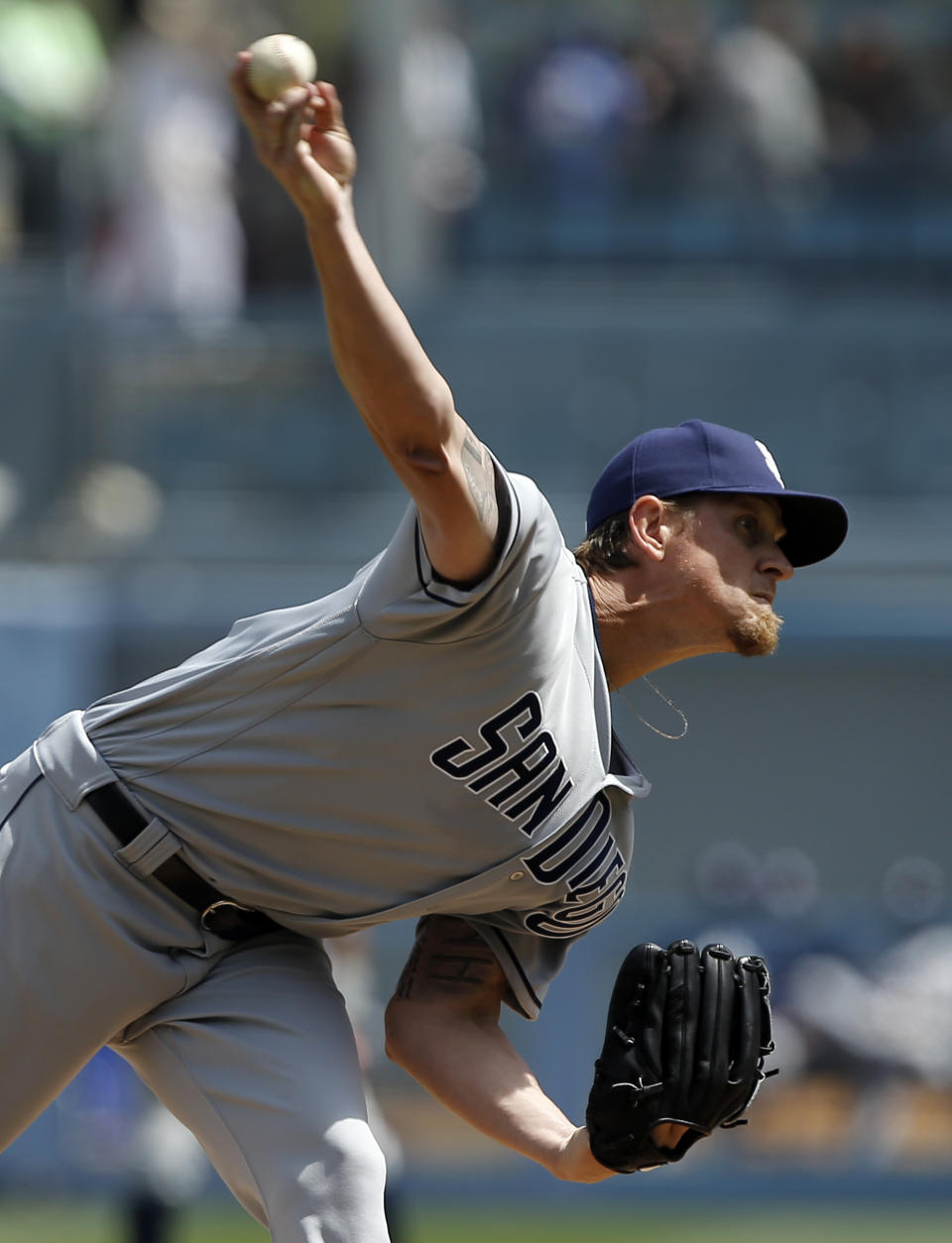 San Diego Padres pitcher Jered Weaver throws to the plate against the Los Angeles Dodgers during the first inning of a baseball game in Los Angeles, Thursday, April 6, 2017. (AP Photo/Alex Gallardo)