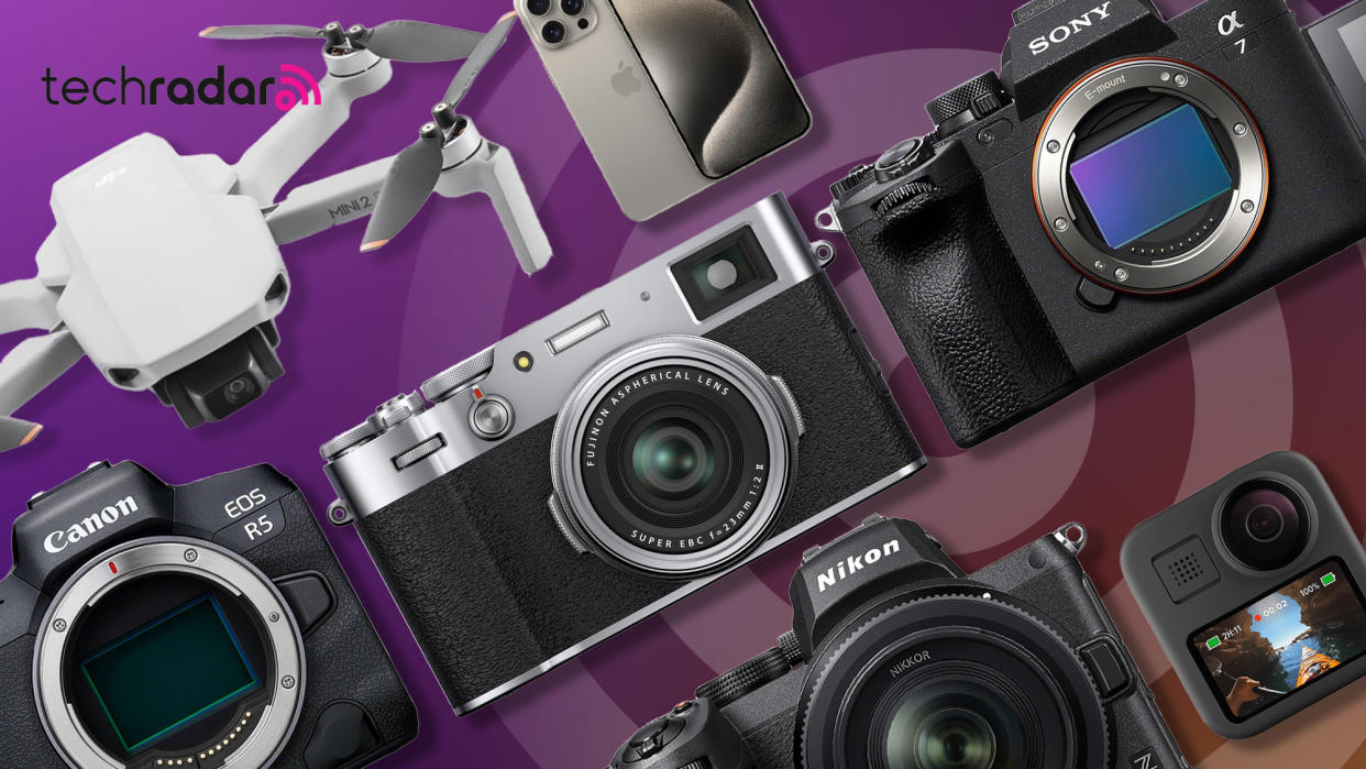  A selection of cameras that could be updated in 2024 including Fujifilm X100V and Canon EOS R5. 