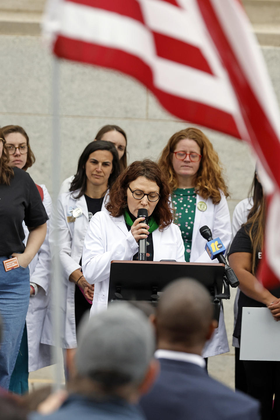 Dr Amy Bryant, OBGYN, speaks at a rally at Bicentennial Plaza put on by Planned Parenthood South Atlantic in response to a bill before the North Carolina Legislature, Wednesday, May 3, 2023, in Raleigh, N.C. (AP Photo/Karl B DeBlaker)