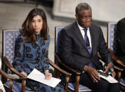 The Peace Price laureates Nadia Murad and Dr. Denis Mukwege attend the Nobel Peace Prize Ceremony in Oslo Town Hall, Oslo, Dec. 10, 2018. Dr. Denis Mukwege from Congo and Nadia Murad from Iraq will jointly receive the Nobel Peace Prize for their efforts to end the use of sexual violence as a weapon of war and armed conflict. (Berit Roald / NTB scanpix via AP)