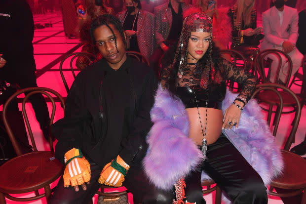 A$AP Rocky and Rihanna are seen at the Gucci show during Milan Fashion Week Fall/Winter 2022/23 on Feb. 25, 2022, in Milan, Italy.<p><a href="https://www.gettyimages.com/detail/1372824251" rel="nofollow noopener" target="_blank" data-ylk="slk:Jacopo M. Raule/Getty Images;elm:context_link;itc:0;sec:content-canvas" class="link ">Jacopo M. Raule/Getty Images</a></p>