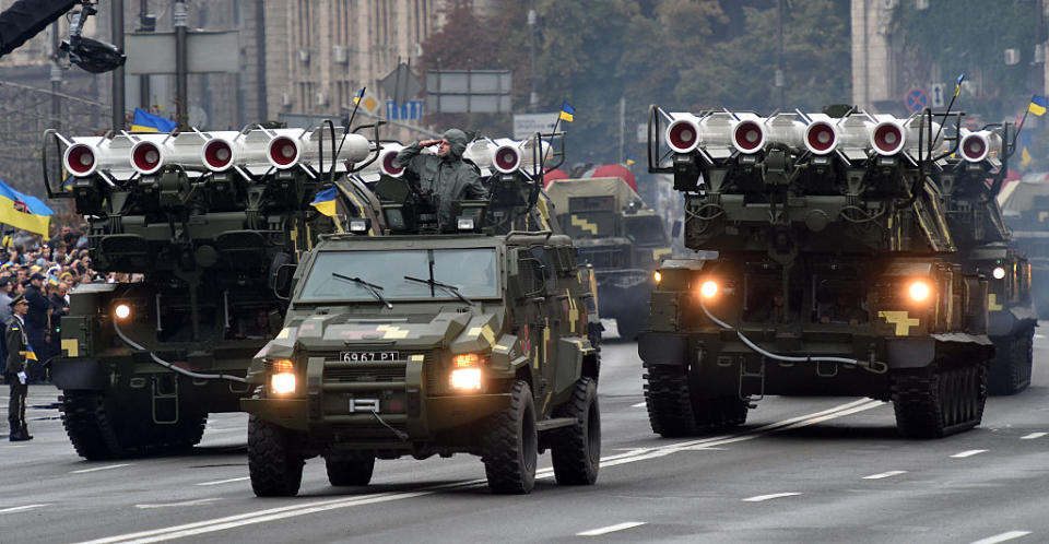 Buk air defense missile systems roll during a military parade in Kiev on August 24, 2016 to celebrate Independence Day,<span class="copyright">Genya Savilov—AFP via Getty Images</span>
