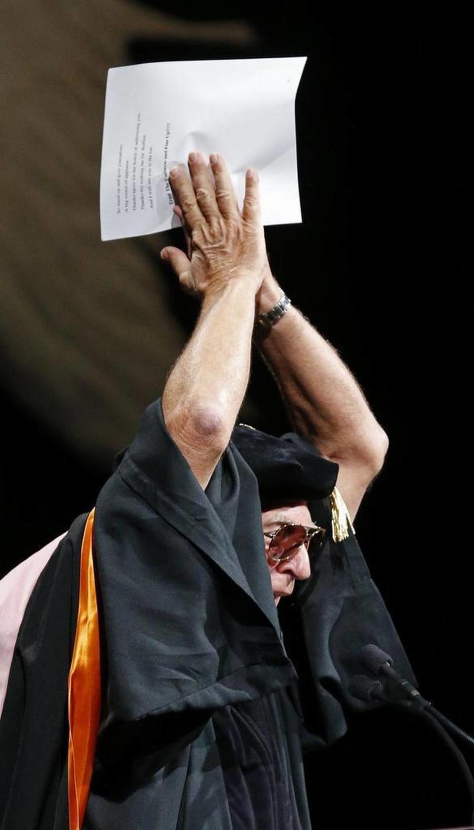 Fins up as singer-songwriter Jimmy Buffett delivered a commencement speech during a graduation ceremony at the University of Miami’s BankUnited Center on May 8, 2015. Buffett also received an honorary music degree at the ceremony, which was one of Donna Shalala’s last acts as UM president after 14 years at the helm.