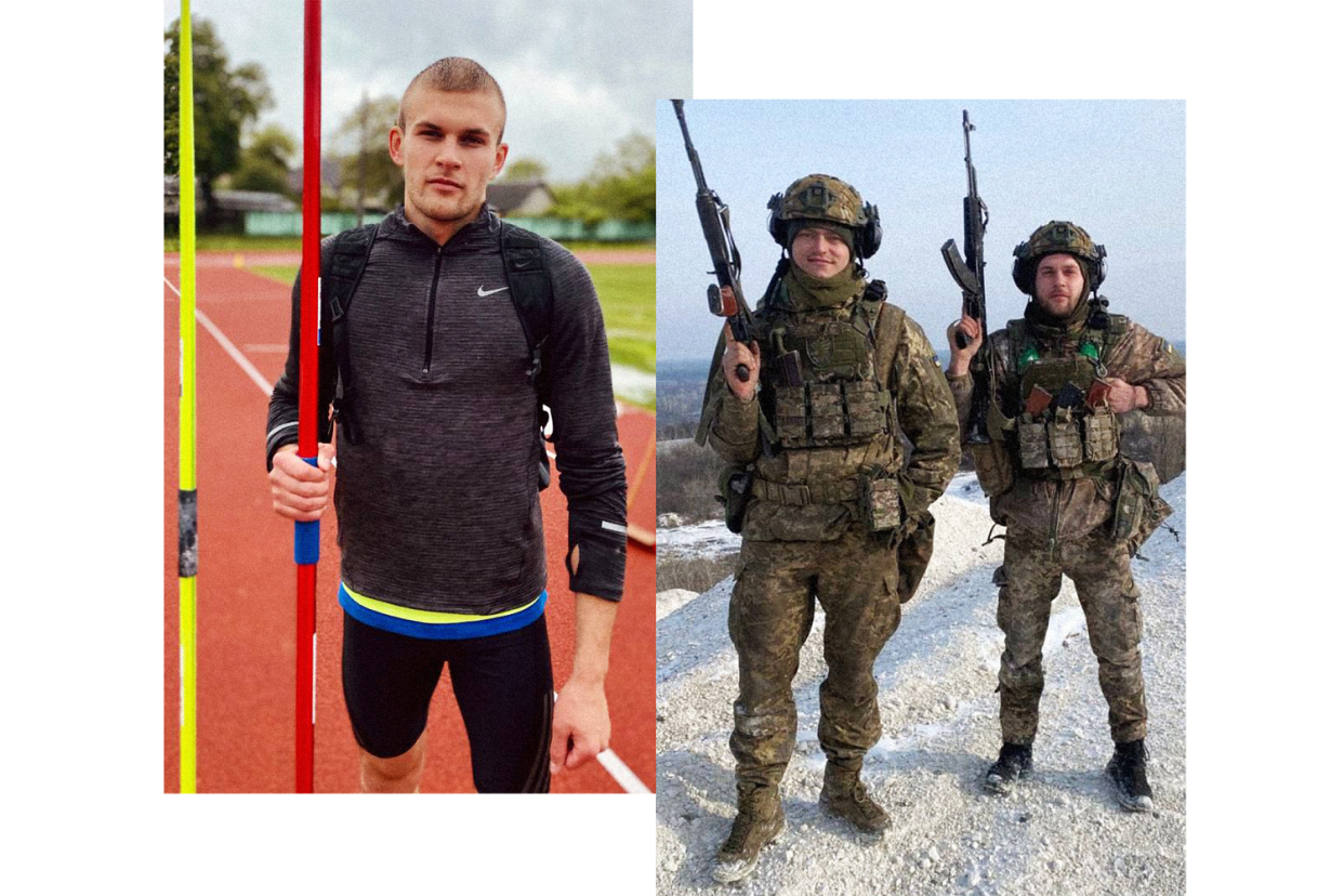 Undated images of former Ukrainian decathlete Volodymyr Androshchuk during track-and-field training and fighting on the front lines with comrade Volodymyr Dziubynskyi. (Supplied to NBC News)