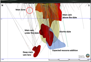 Isometric view of the entire Corner Bay deposit. The red zones are the mineral resources defined in the 2019 NI 43-101 Technical Report. The diorite dyke bisects the deposit – Main Vein above the dyke and Main Vein below the dyke.