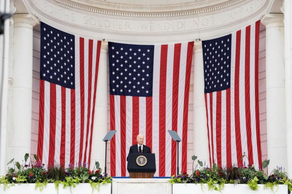 Biden speaks at a wreath-laying ceremony on Memorial Day<span class="copyright">Ken Cedeno—Reuters</span>