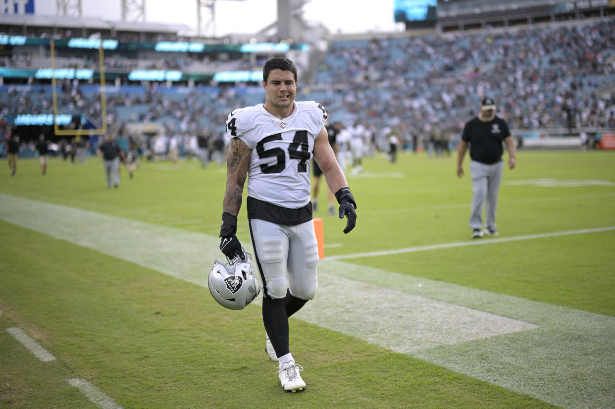 Las Vegas Raiders linebacker Blake Martinez (54) leaves the field after a loss to the Jacksonville Jaguars during an NFL football game, Sunday, Nov. 6, 2022, in Jacksonville, Fla. (AP Photo/Phelan M. Ebenhack)