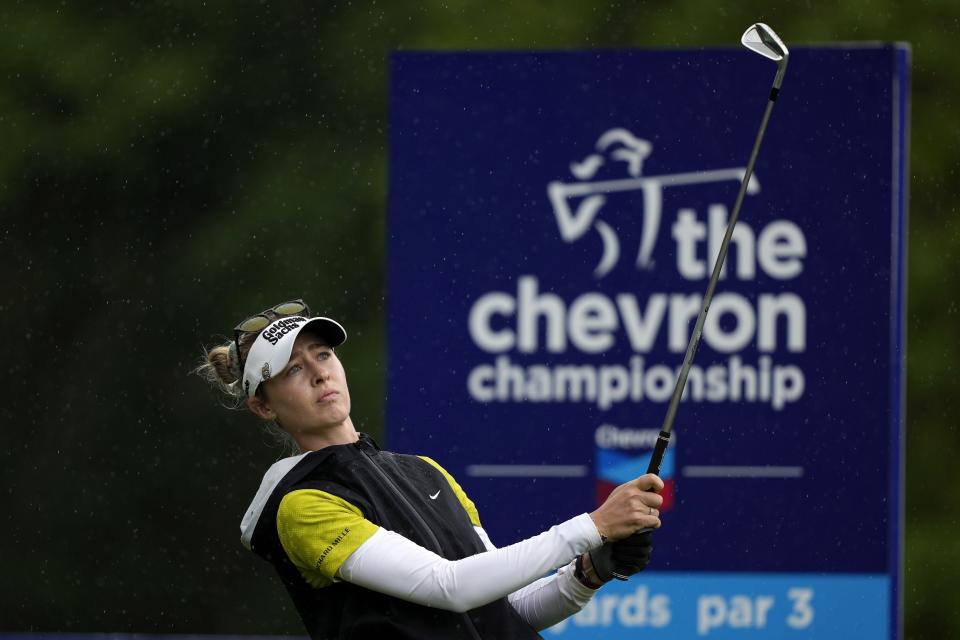 Nelly Korda hits her tee shot on the 17th hole during the first round of The Chevron Championship golf tournament Thursday, April 20, 2023, in The Woodlands, Texas. (AP Photo/David J. Phillip)