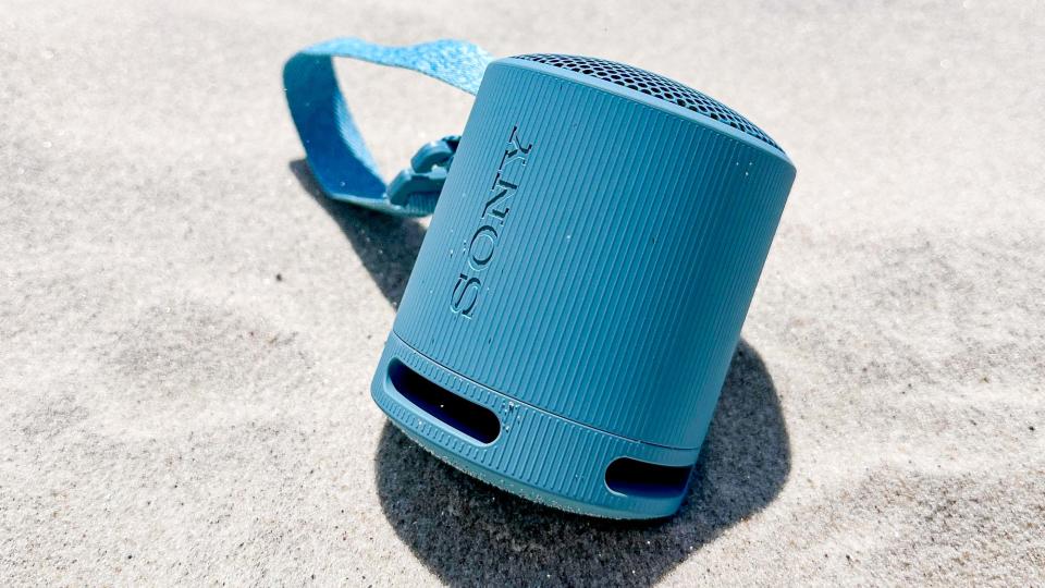 Sony SRS-XB100 sitting in the sand on the beach