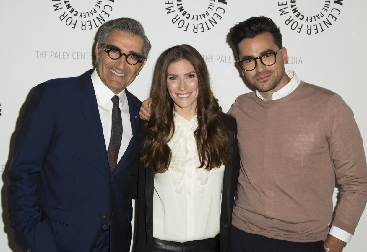 Eugene Levy, Sarah Levy and Daniel Levy attend Paley Center for Media Presents PaleyLive LA: An evening with "Schitt's Creek" on March 2, 2016, in Beverly Hills. (Photo: Vincent Sandoval via Getty Images)