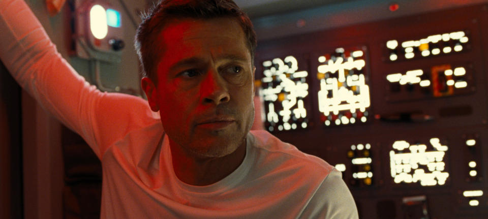 This image released by 20th Century Fox shows Brad Pitt in a scene from "Ad Astra," in theaters on Sept. 20. (Francois Duhamel/20th Century Fox via AP)