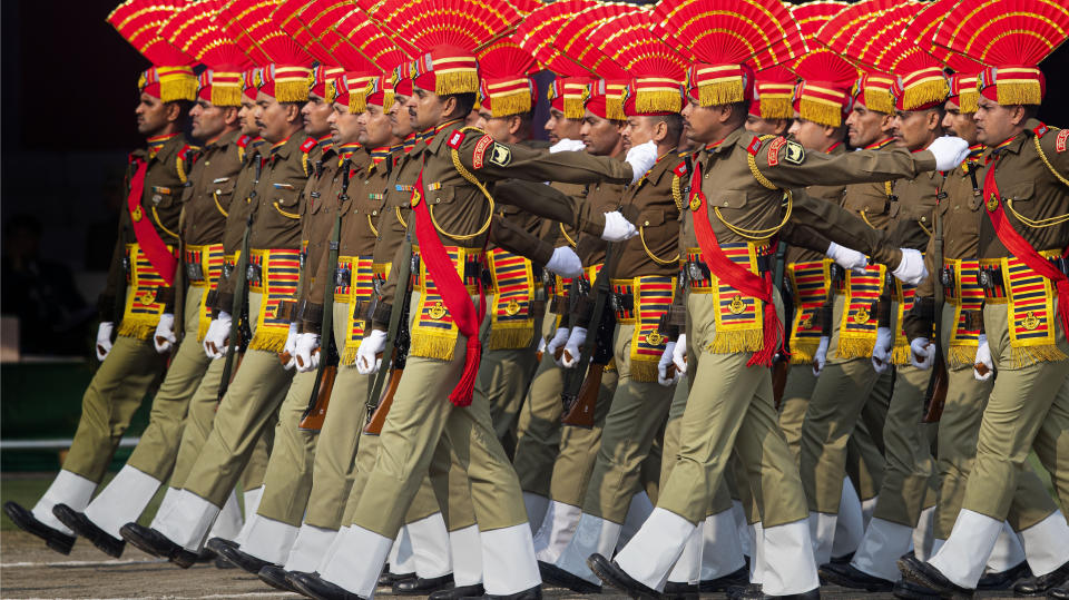 India's Seema Suraksha Bal paramilitary soldiers participate in a parade to mark Republic Day in Gauhati, India, Sunday, Jan. 26, 2020. Sunday's event marks the anniversary of the country's democratic constitution taking force in 1950. (AP Photo/Anupam Nath)