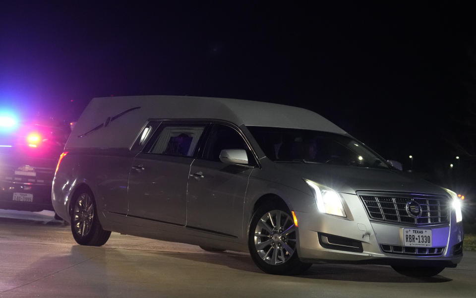 A hearse carrying Audrii Cunningham's casket drives away following a public visitation Friday, March 1, 2024, at First Baptist Church in Livingston, Texas. Audrii's body was found on the banks of the Trinity River, Feb. 20. (Yi-Chin Lee/Houston Chronicle via AP)