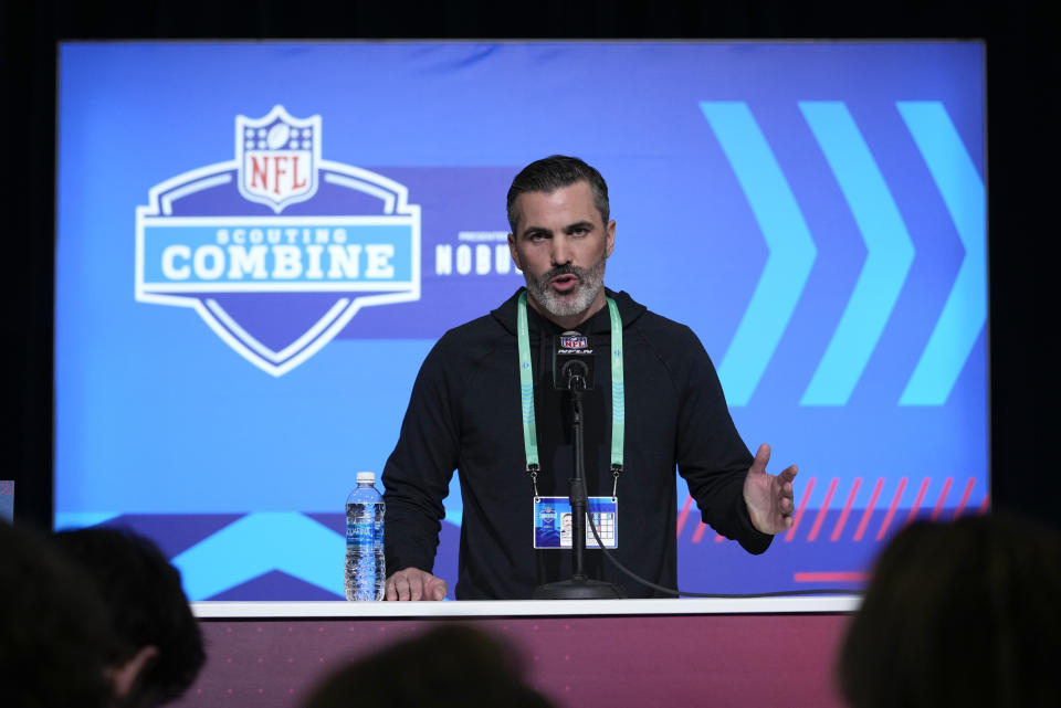 Cleveland Browns head coach Kevin Stefanski speaks during a press conference at the NFL football scouting combine in Indianapolis, Wednesday, March 1, 2023. (AP Photo/Michael Conroy)