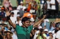 Mar 30, 2017; Miami, FL, USA; Roger Federer of Switzerland waves to the crowd after his match against Tomas Berdych of the Czech Republic (not pictured) in a men's singles quarter-final during the 2017 Miami Open at Crandon Park Tennis Center. Federer won 6-2, 3-6, 7-6(6). Geoff Burke-USA TODAY Sports