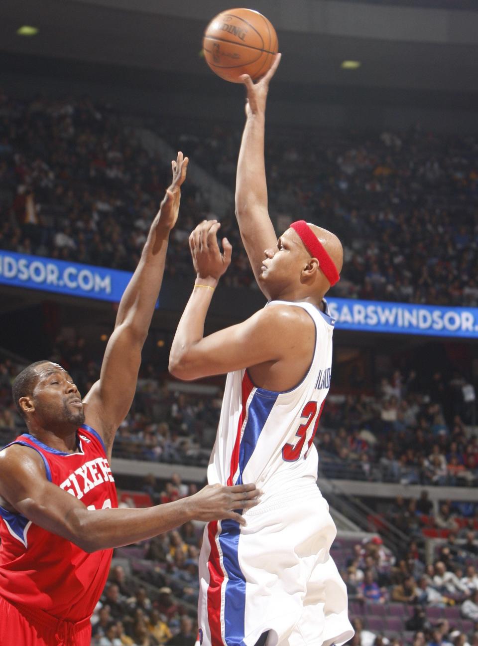Pistons forward Charlie Villanueva shoots over 76ers center Elton Brand during the first half on Jan. 9, 2010, at the Palace.