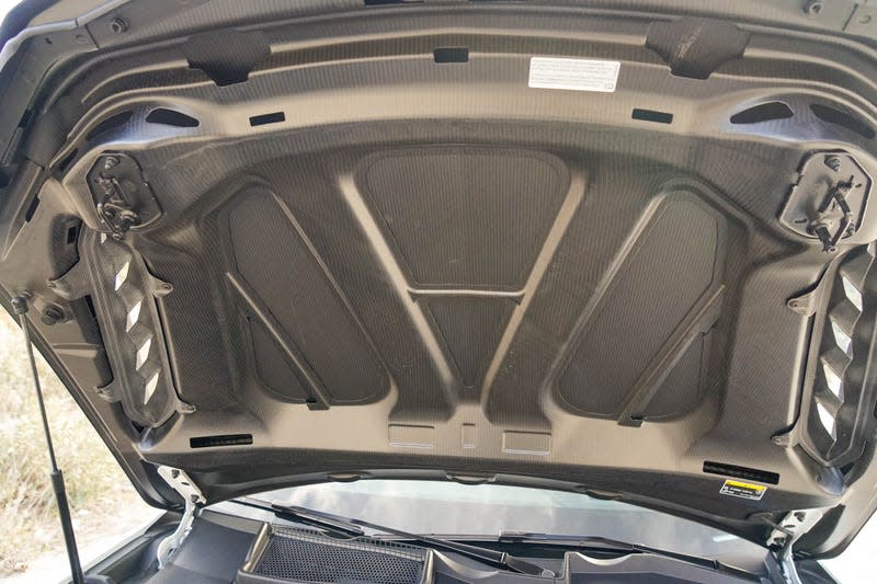 The underside of the carbon fiber hood of the 2023 Lamborghini Urus Performante