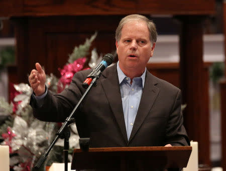 Democratic Alabama U.S. Senate candidate Doug Jones speaks to the Progressive Union Missionary Baptist Church in Huntsville, Alabama, U.S. December 10, 2017. REUTERS/Marvin Gentry