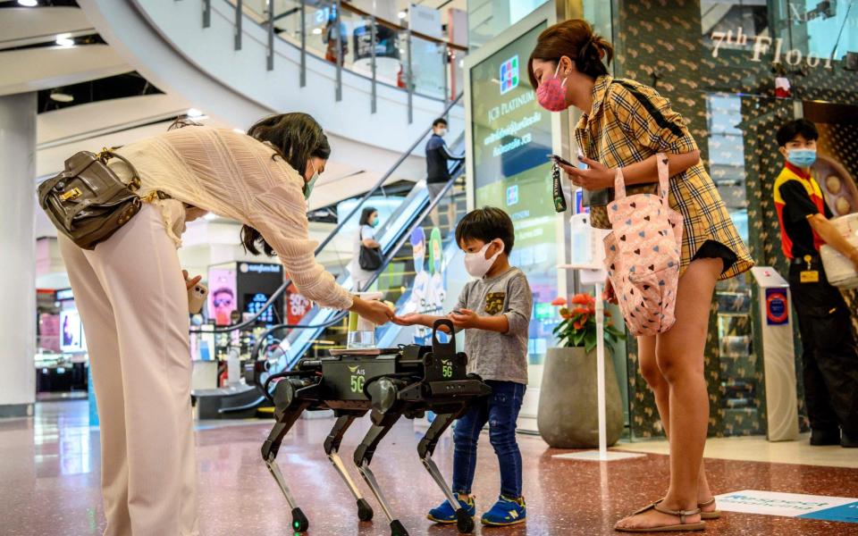 Shoppers use robot hand sanitiser dog - AFP