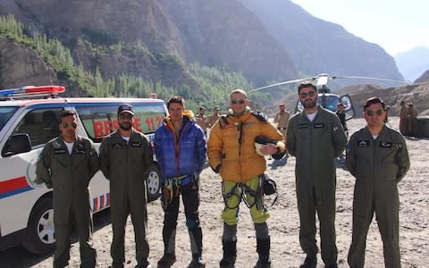 Image tweeted by Maj Gen Asif Ghafoor, spokesman for Pakistan Armed Forces, reading: "Pakistan Army pilots in a daring mission rescued 3 foreign mountaineers stuck in snow avalanche at above 19000 feet high Ultar Sar Peak near Hunza. - Credit: Pakistan Army