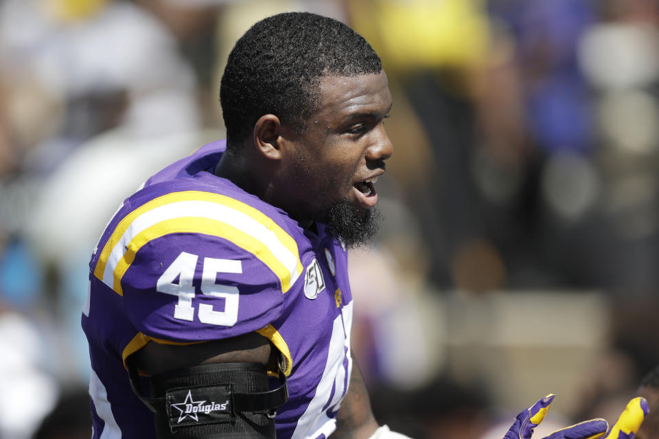 LSU linebacker Michael Divinity Jr. has been removed from the team days before the Alabama game. (AP)