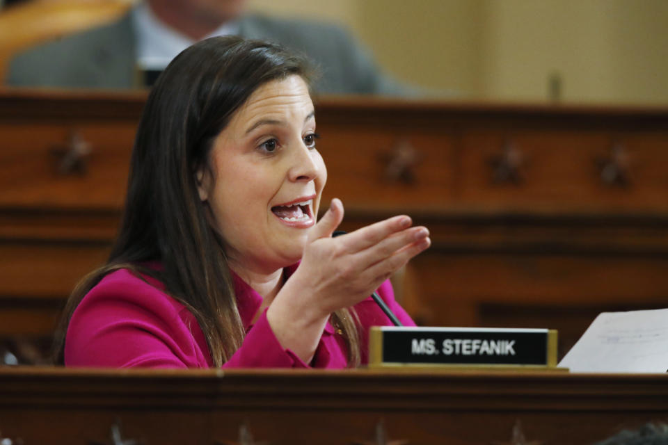 Rep. Elise Stefanik, R-N.Y., questions former Ambassador to Ukraine Marie Yovanovitch testify before the House Intelligence Committee on Capitol Hill in Washington, Friday, Nov. 15, 2019, during the second public impeachment hearing of President Donald Trump's efforts to tie U.S. aid for Ukraine to investigations of his political opponents. (AP Photo/Alex Brandon)