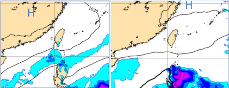  圖：最新(14日20時)歐洲(ECMWF)模式，週五(17日)20時(左圖)及下週二(21)日20時(右圖)地面氣壓及降水圖顯示，受「大陸高壓」影響，各地晴朗無雨。