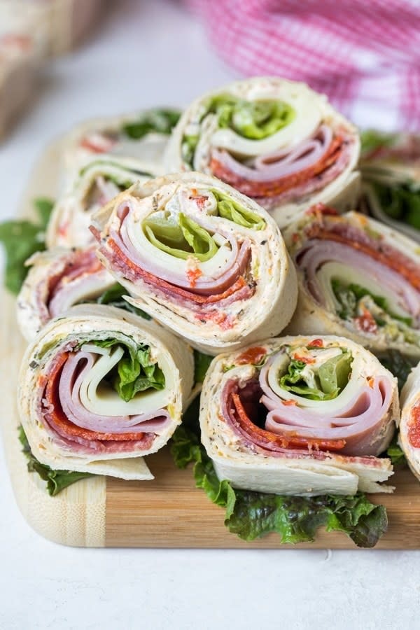 A stack of Italian pinwheel sandwiches.