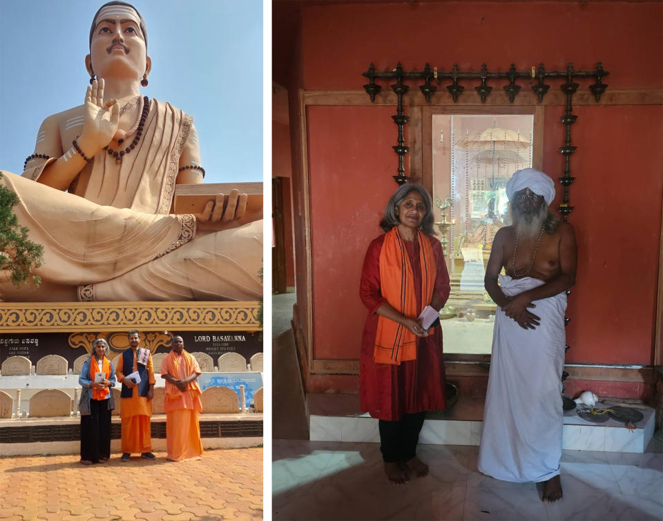 Left: The author, Swami Raghavendra, and Swami Korneshwar underneath a huge statue of Basavanna, in Basavakalyan, Karnataka, on Feb. 5; Right: The author with Bala Prajapati at a temple at Ayyavazhi ashram, Kanyakumari, Tamil Nadu, on Feb. 10. At the temple, they have a mirror instead of a deity, "because the divine resides within each of us," says Bala Prajapati.<span class="copyright">Courtesy Viswanath (2)</span>