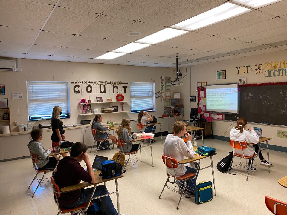 Middle school students at Bermudian Springs eat lunch in a classroom to maintain social distancing.