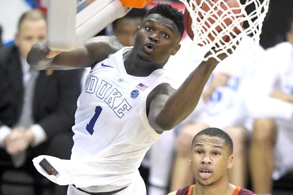 WASHINGTON, DC - MARCH 29:  Zion Williamson #1 of the Duke Blue Devils drives to the basket during the East Regional game of the 2019 NCAA Men's Basketball Tournament against the Virginia Tech Hokies at Capital One Arena on March 29, 2019 in Washington, DC.  (Photo by Mitchell Layton/Getty Images)