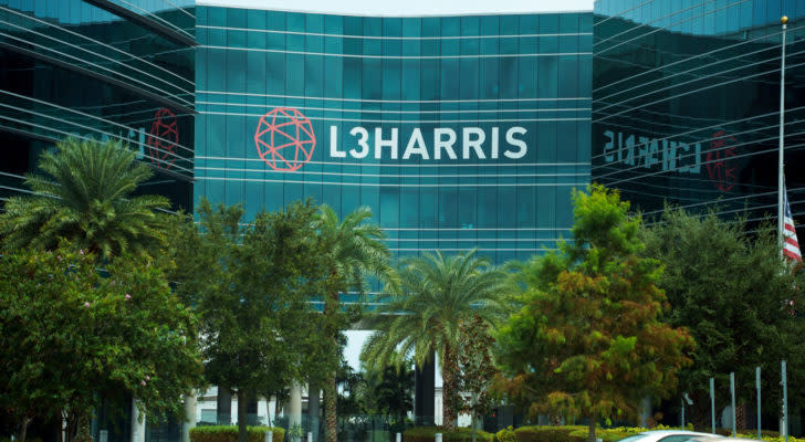 An office building with the logo for L3Harris Industries visible on the building.