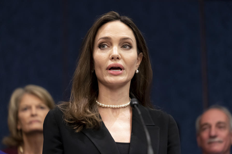 Actress and activist Angelina Jolie speaks at a news conference to discuss the bipartisan update to the Violence Against Women Act, at the Capitol in Washington, Wednesday, Feb. 9, 2022. (AP Photo/J. Scott Applewhite)